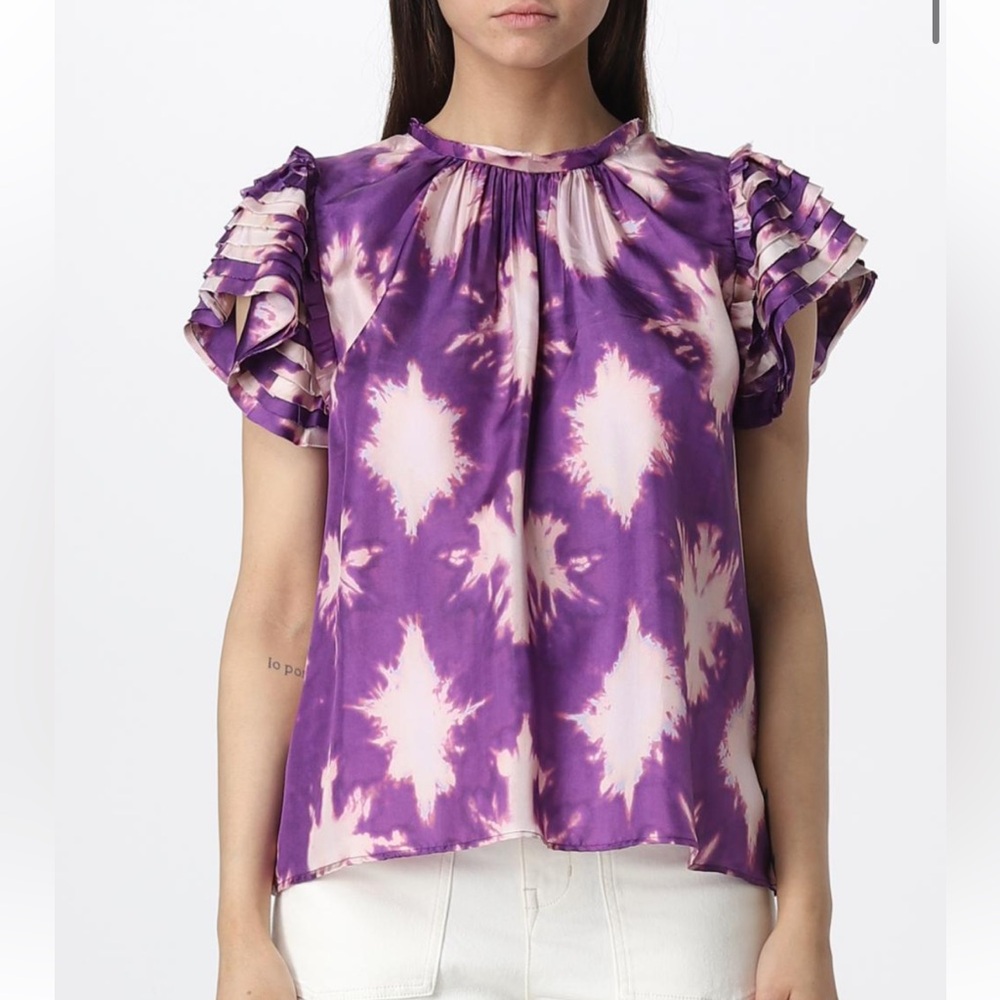 Ulla Johnson Purple and Cream Tie-Dye Ruffled Short-Sleeve Blouse